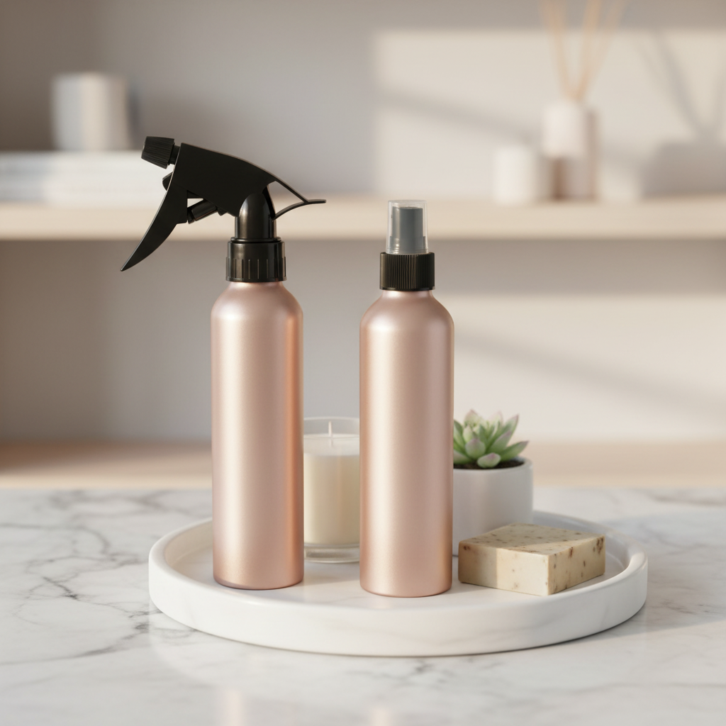 Both rose gold metallic aluminum bottles styled on white ceramic tray with candle succulent and artisan soap, Pinterest shelfie display