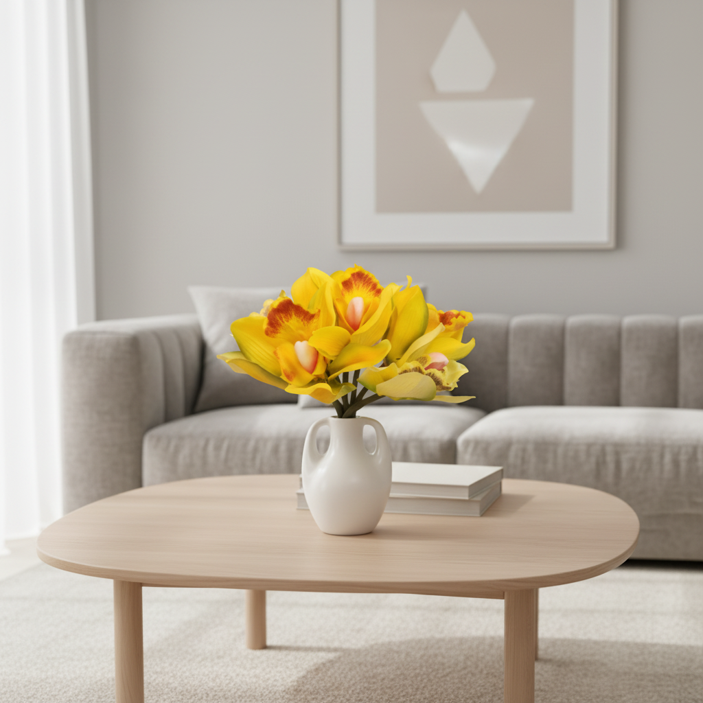 Compact artificial yellow orchid arrangement in modern contemporary vase, neutral interior decor setting, lifestyle product photography