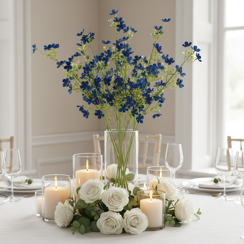 Artificial cobalt blue dogwood stems as something blue wedding centerpiece with white roses and eucalyptus in clear glass vase