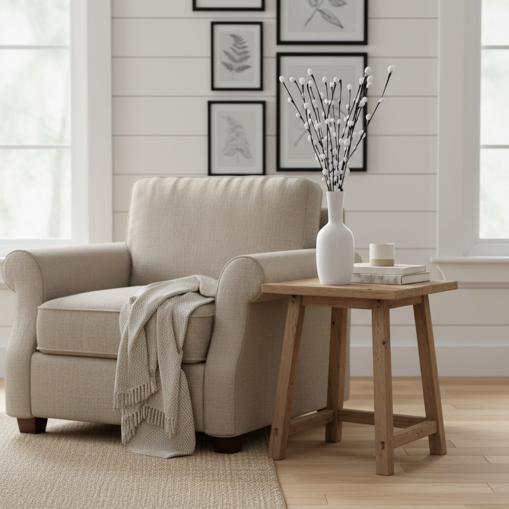 Artificial pussy willow stems in white ceramic vase on rustic wooden side table in cozy farmhouse living room