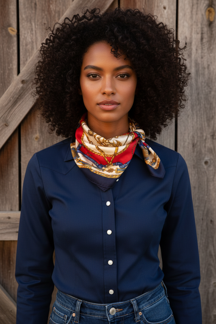Woman wearing red navy gold equestrian chain satin square scarf tied as western neck scarf with navy western shirt and barn wood background