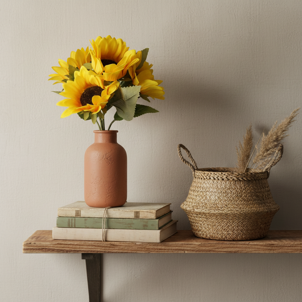 Yellow sunflower stems in terracotta vase boho shelf styling modern farmhouse decor