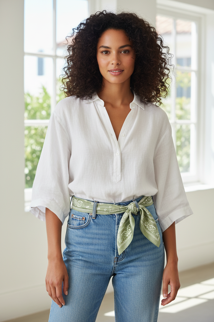 Woman with olive skin tone and dark wavy hair wearing a sage green white paisley satin scarf threaded through belt loops as a belt scarf with high waisted jeans and white linen blouse