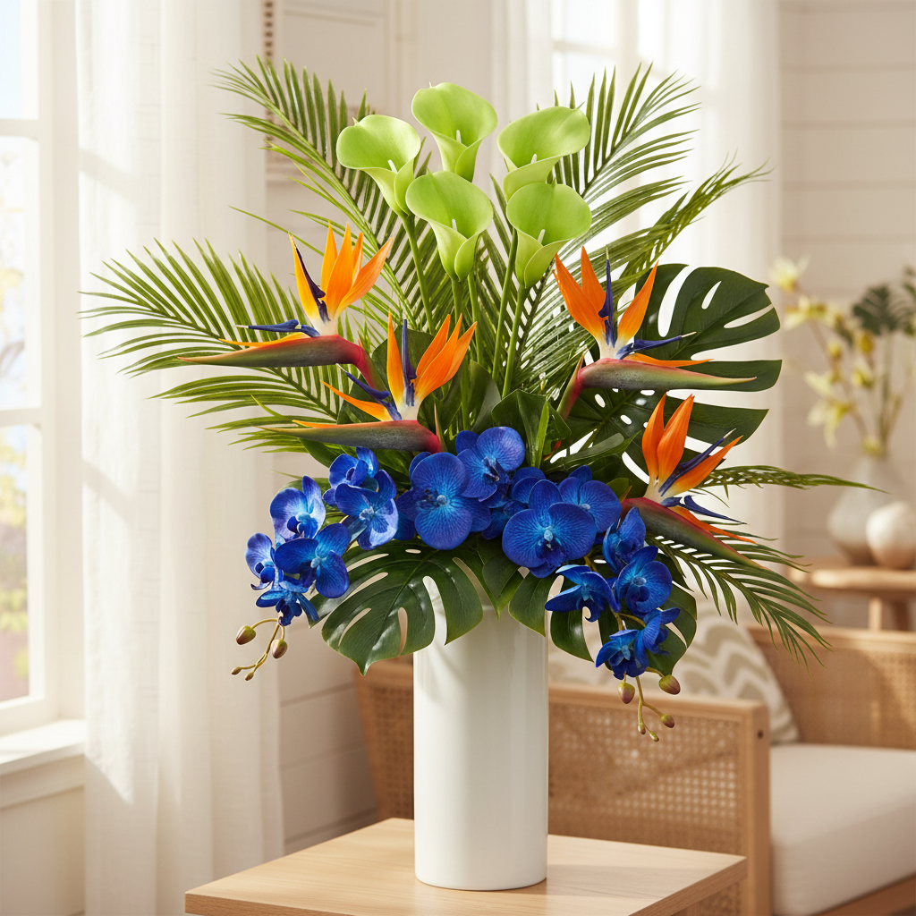 Tropical artificial flower arrangement with lime green calla lily stems bird of paradise blue orchids monstera leaves and palm fronds in tall white vase