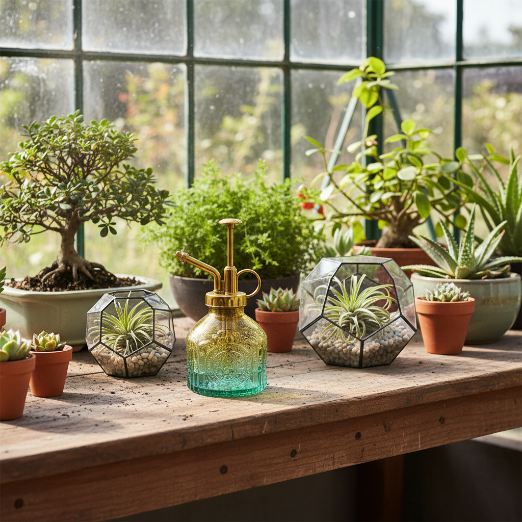 Green yellow gradient glass plant mister on vintage potting bench in greenhouse with bonsai trees, air plants in terrariums, and succulents