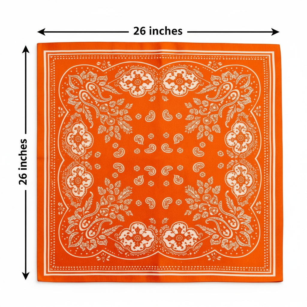 Bright orange paisley wild rag scarf measurement diagram showing 26x26 inch square dimensions with two measurement arrows on white background