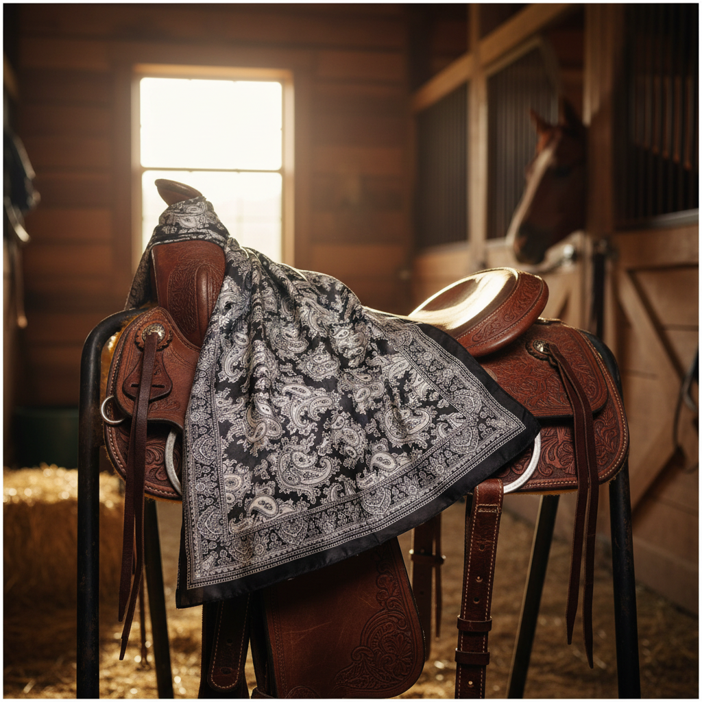 Black and white paisley satin square scarf draped over a western saddle ranch lifestyle