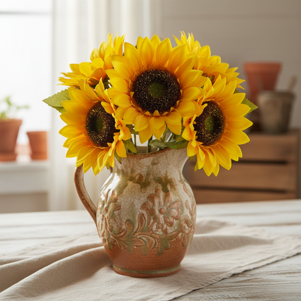 Close up of realistic yellow sunflower blooms in vintage ceramic pitcher modern farmhouse