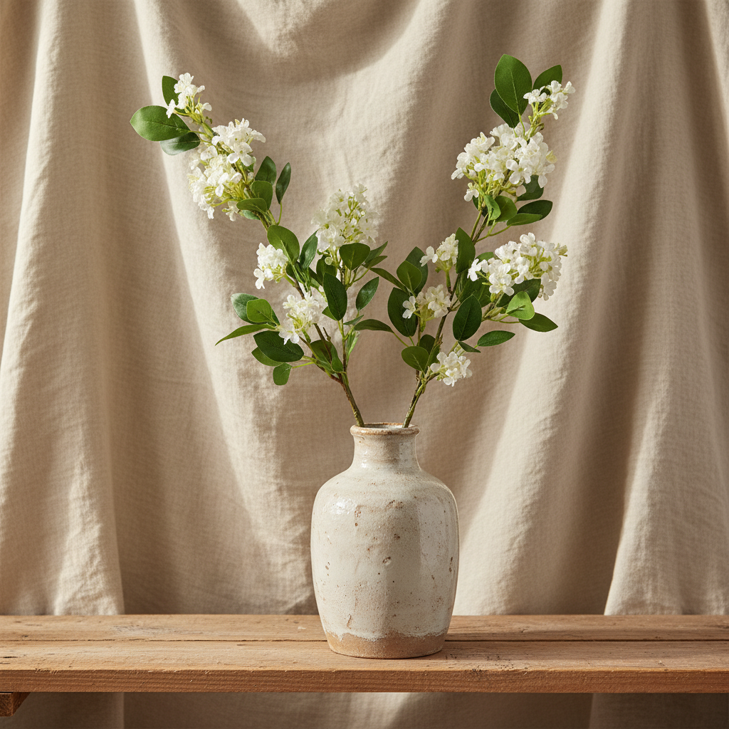 Artificial white blossom stem arranged in a rustic farmhouse vase on a wooden shelf with soft linen backdrop