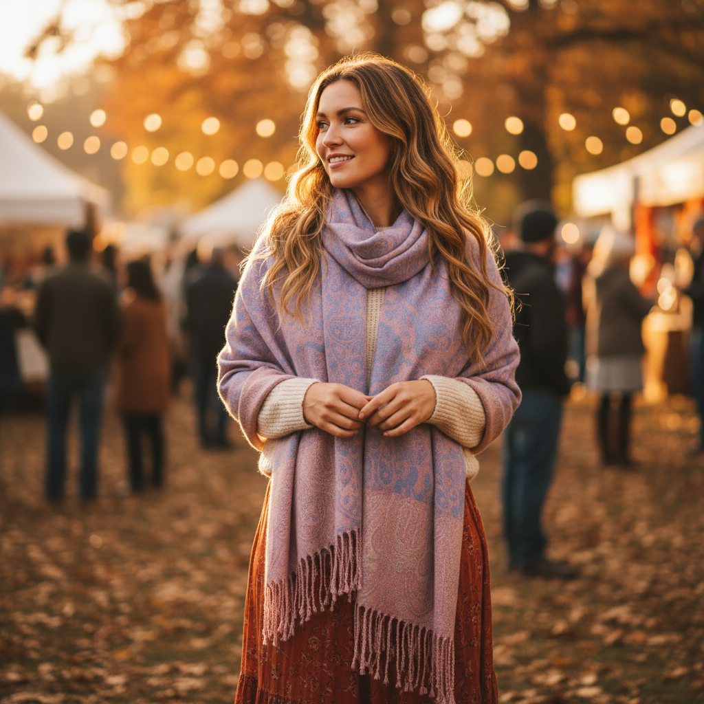 Woman wearing dusty blue blush pink paisley jacquard fringe shawl wrap at outdoor autumn festival golden hour