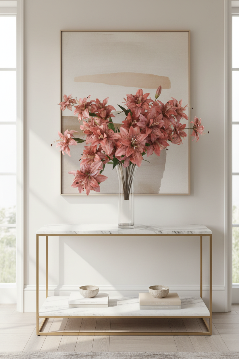 Tiger lily stems in tall clear glass vase on white marble console table, luxury modern home decor