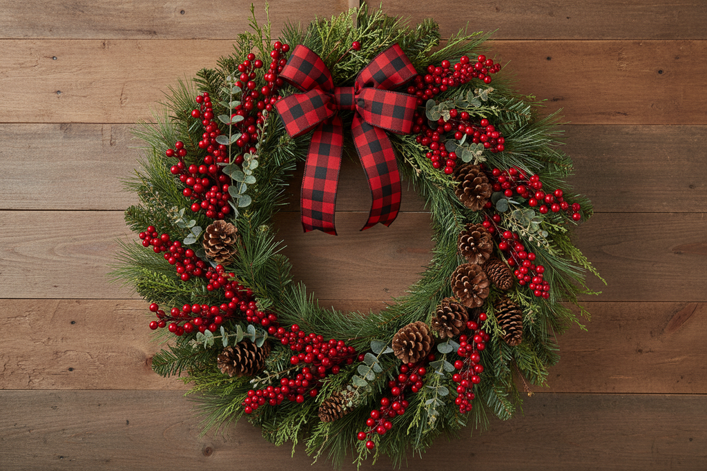 Red artificial berry picks woven into a pine wreath on a weathered wood farmhouse wall with burlap bow and pine cones
