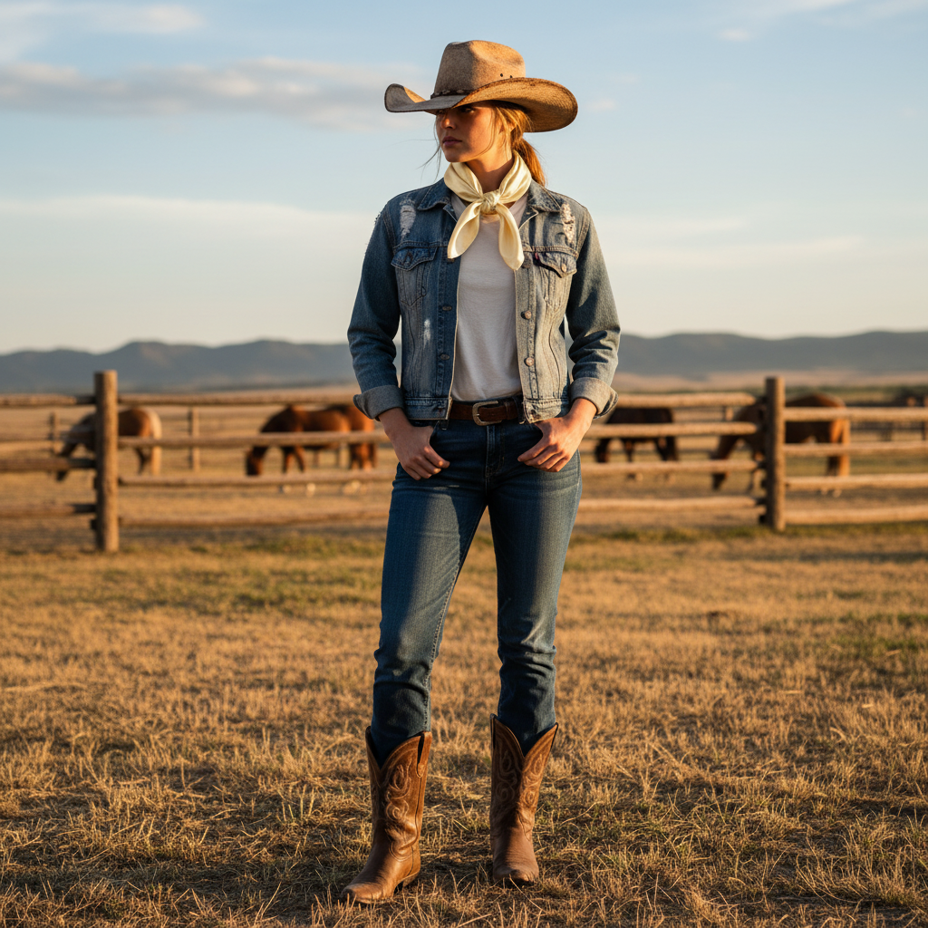 Woman wearing ivory wild rag scarf in traditional cowboy style at western ranch with denim jacket and cowboy hat