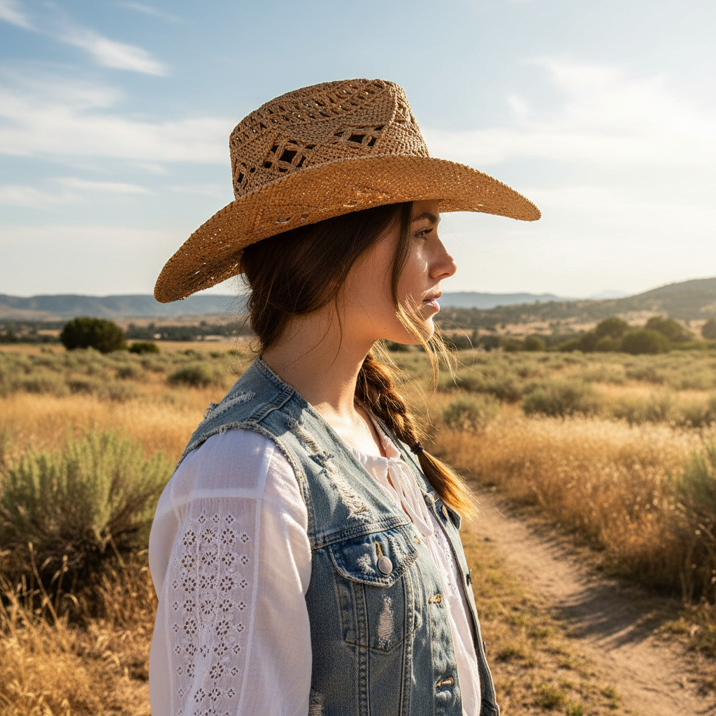 Side profile of woman wearing tan woven straw cowboy hat outdoors, showing rolled brim shape, rustic western casual style