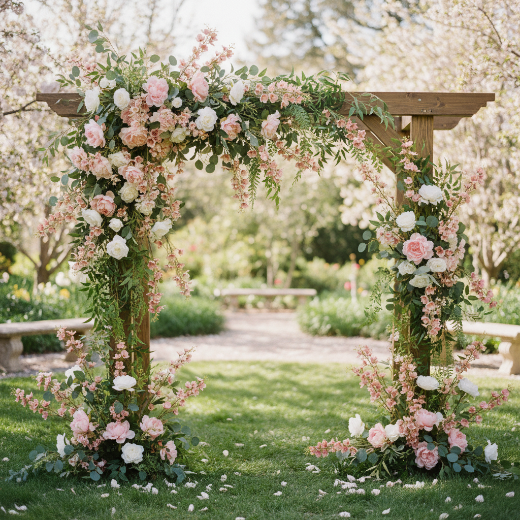 Artificial two-tone pink dogwood stems woven into romantic outdoor wedding arch with pink peonies, white roses, and greenery