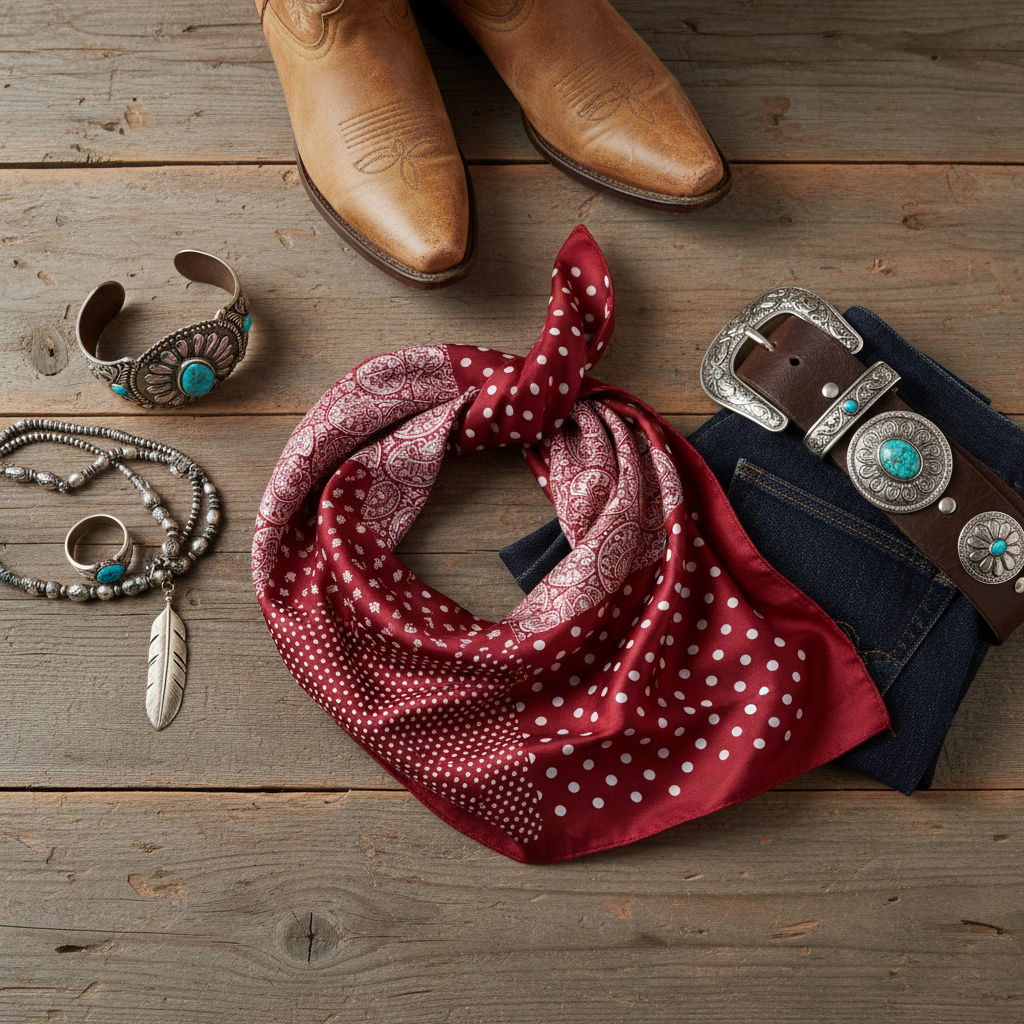 Red patchwork bandana scarf flat lay styled with western accessories including cowboy boots, leather belt, turquoise jewelry and denim