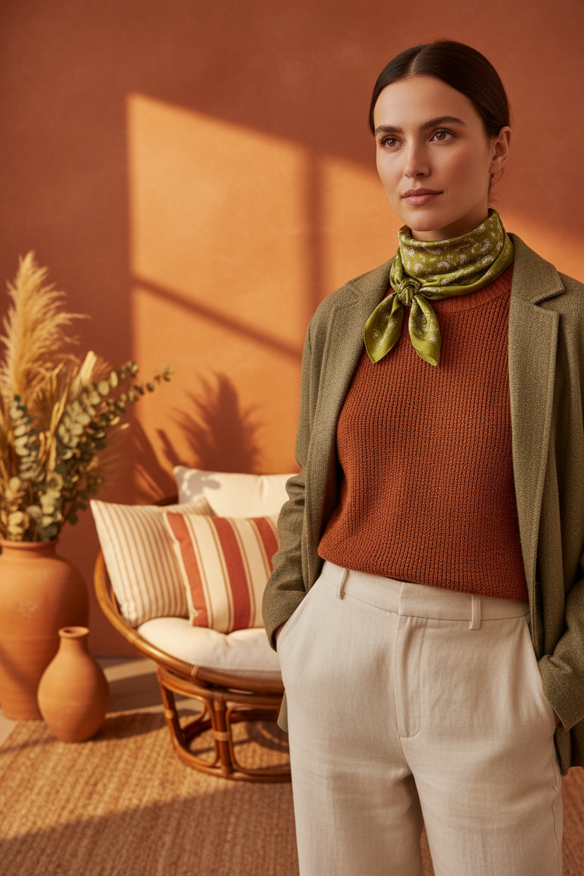 Woman wearing olive green satin paisley scarf tied as a neck scarf in a warm boho interior with terracotta walls, rattan furniture, and earthy rust and cream tones