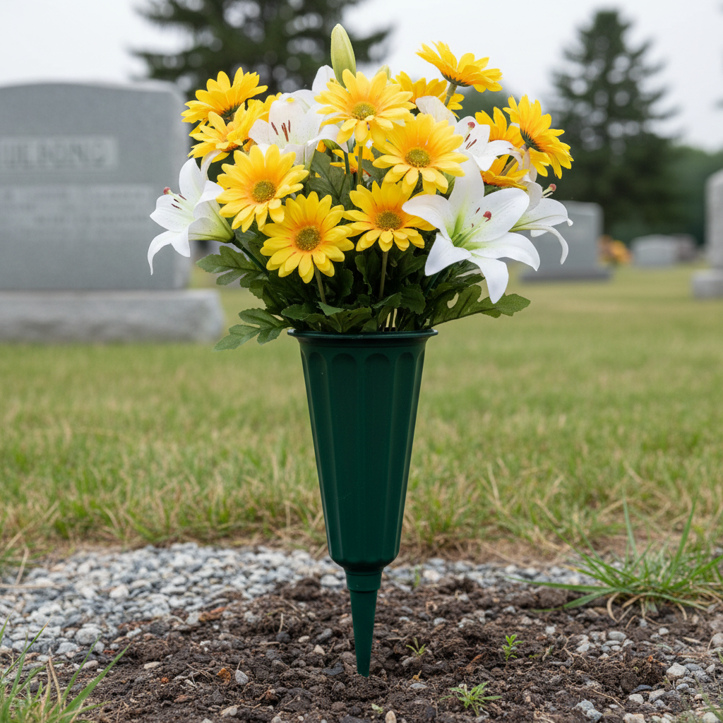 Green cemetery flower vase with ground spike holding yellow and white flowers at memorial gravesite