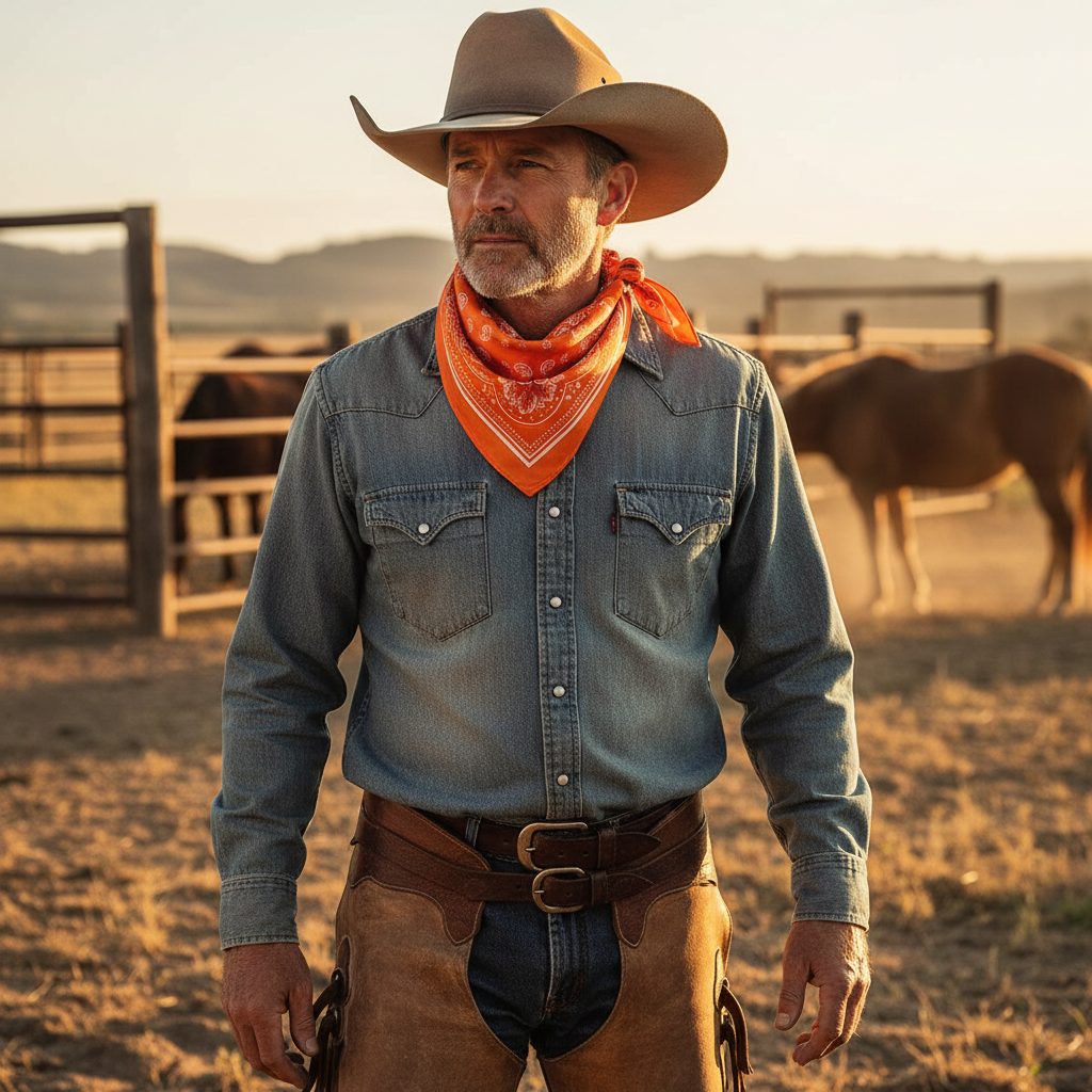 Cowboy wearing bright orange paisley wild rag scarf tied around neck at ranch with horses, unisex western style golden hour