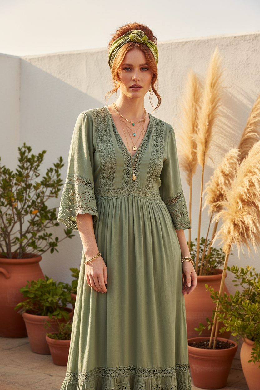 Woman with wavy auburn hair wearing olive green satin paisley scarf wrapped naturally around a boho bun in a sage green maxi dress with gold and turquoise jewelry in a boho outdoor setting