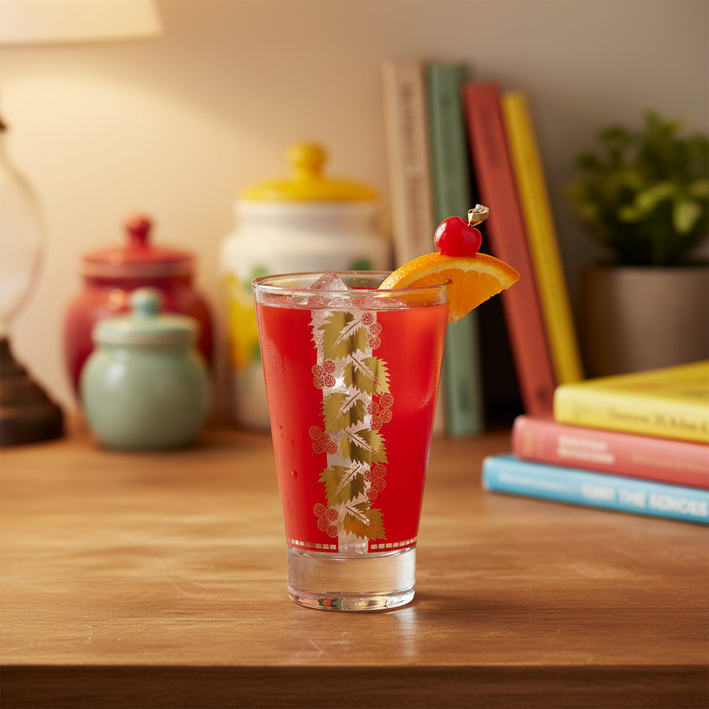 Vintage Libbey red grape leaf tumbler filled with iced cocktail garnished with cherry and citrus slice on a cozy kitchen counter