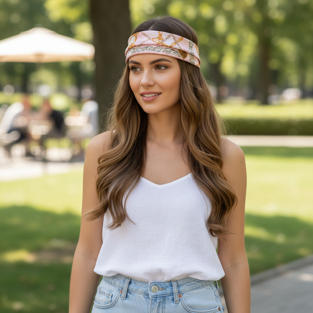 Woman wearing 20x20 inch square pink chain print satin scarf as headband accessory