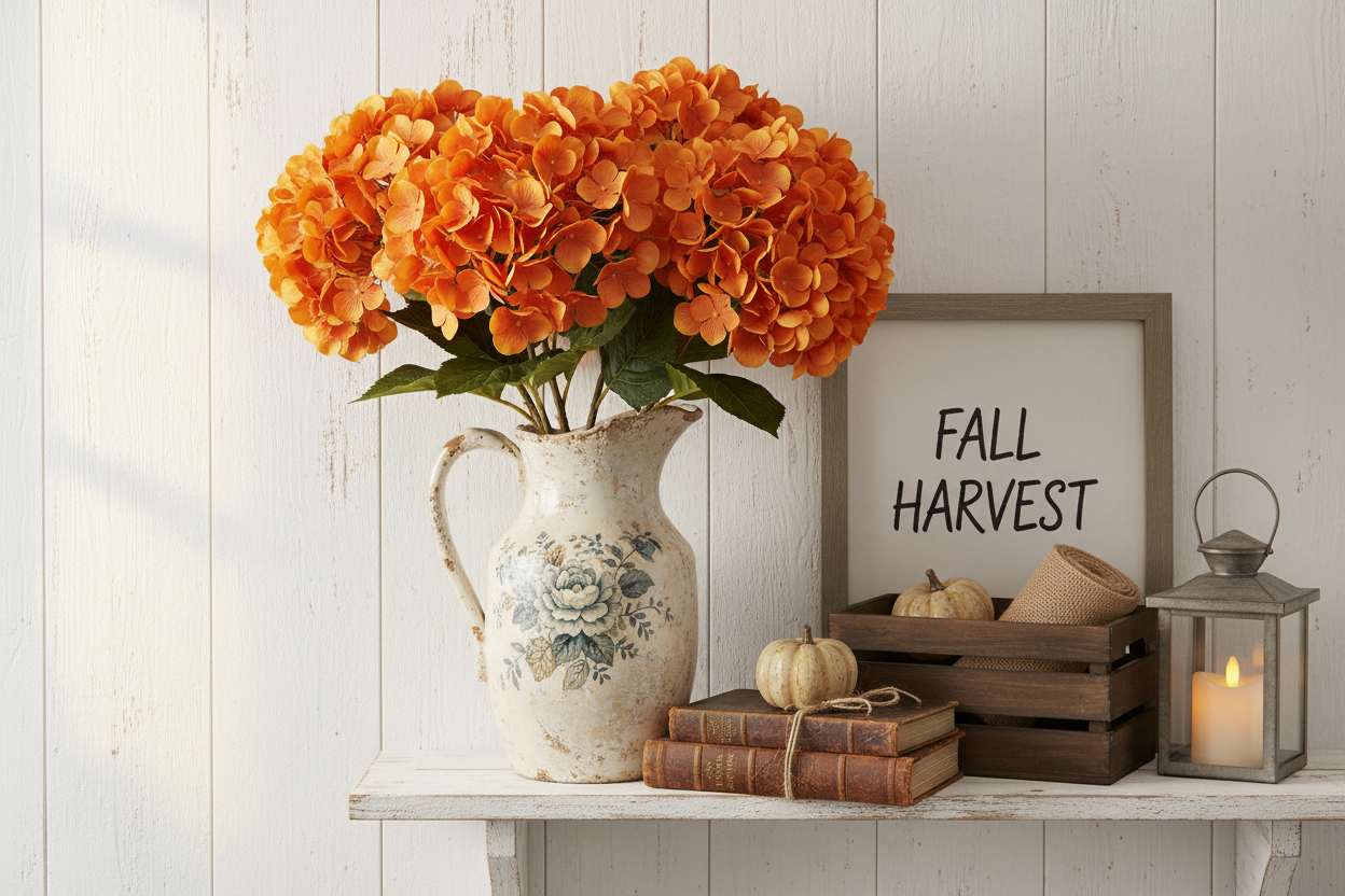 Orange hydrangea stems in vintage pitcher on white shiplap wall shelf with farmhouse accessories, autumn rustic styling
