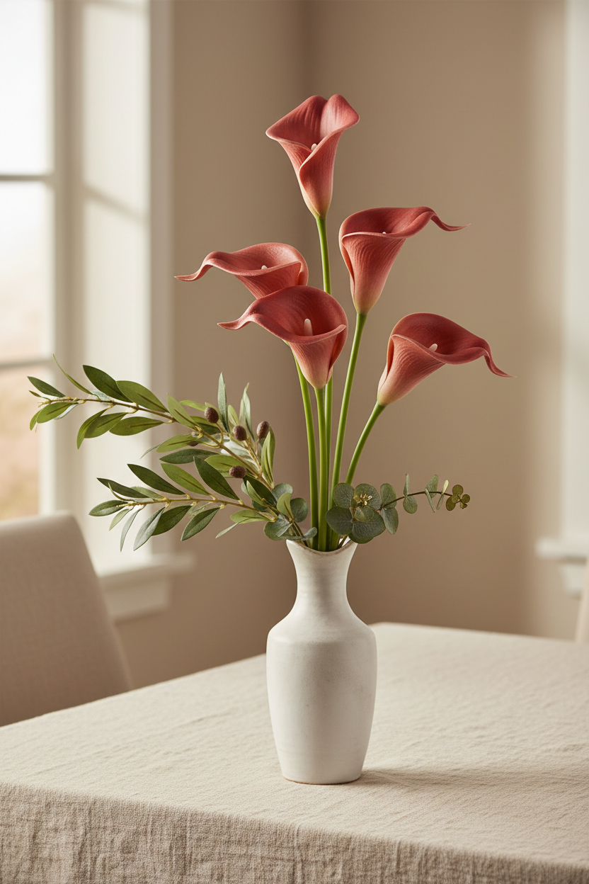 5 terracotta calla lily stems arranged in a tall slim white ceramic vase on a linen dining table with olive branches and eucalyptus, minimal editorial style, warm window light