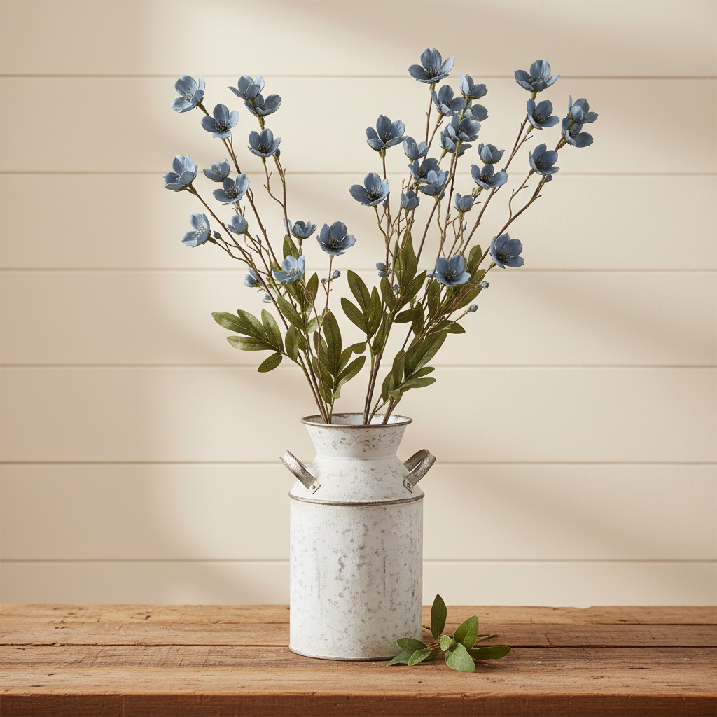 Artificial slate blue dogwood flower stems in a white farmhouse vase on rustic wood planks with soft neutral wall background