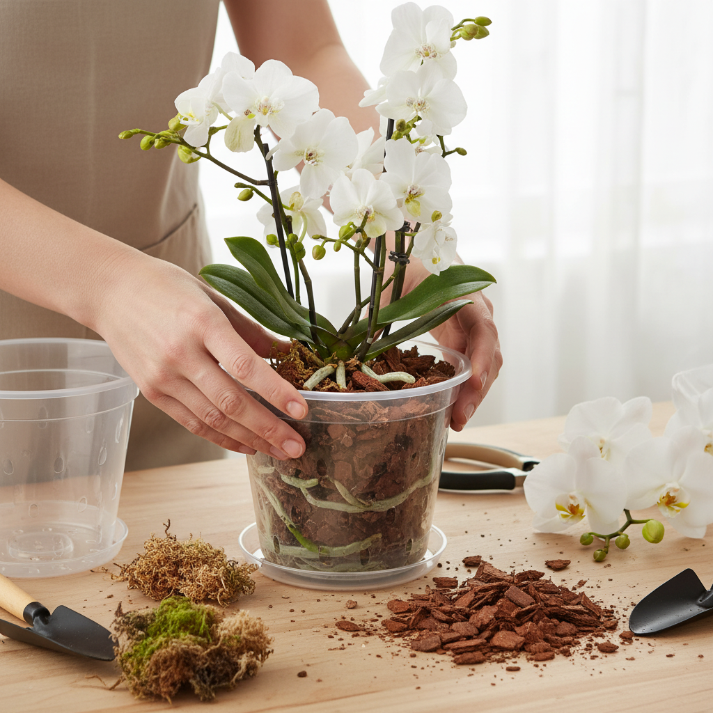 Hands repotting white orchid into clear slotted orchid pot