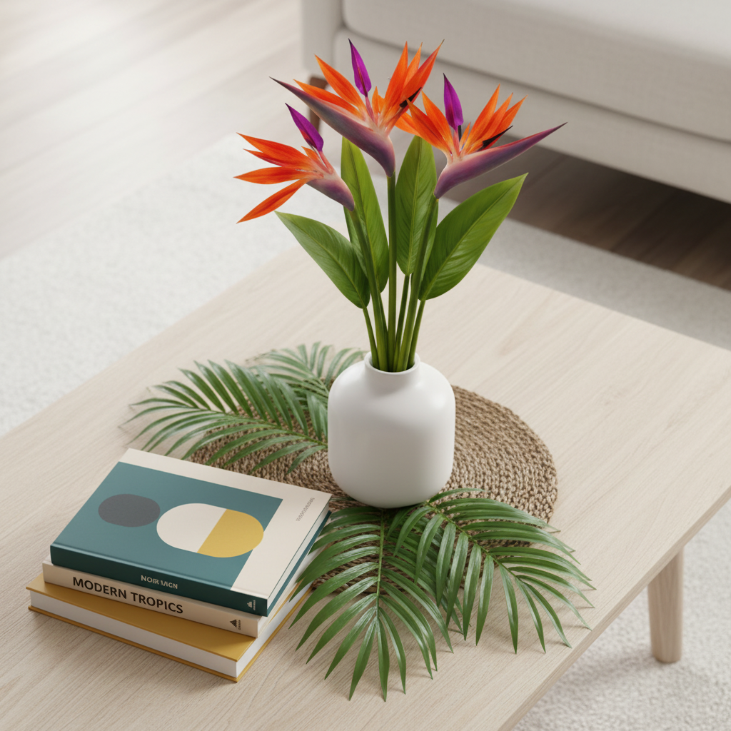 Tropical home decor flat lay with artificial Bird of Paradise flowers, palm leaves, and modern accessories overhead view