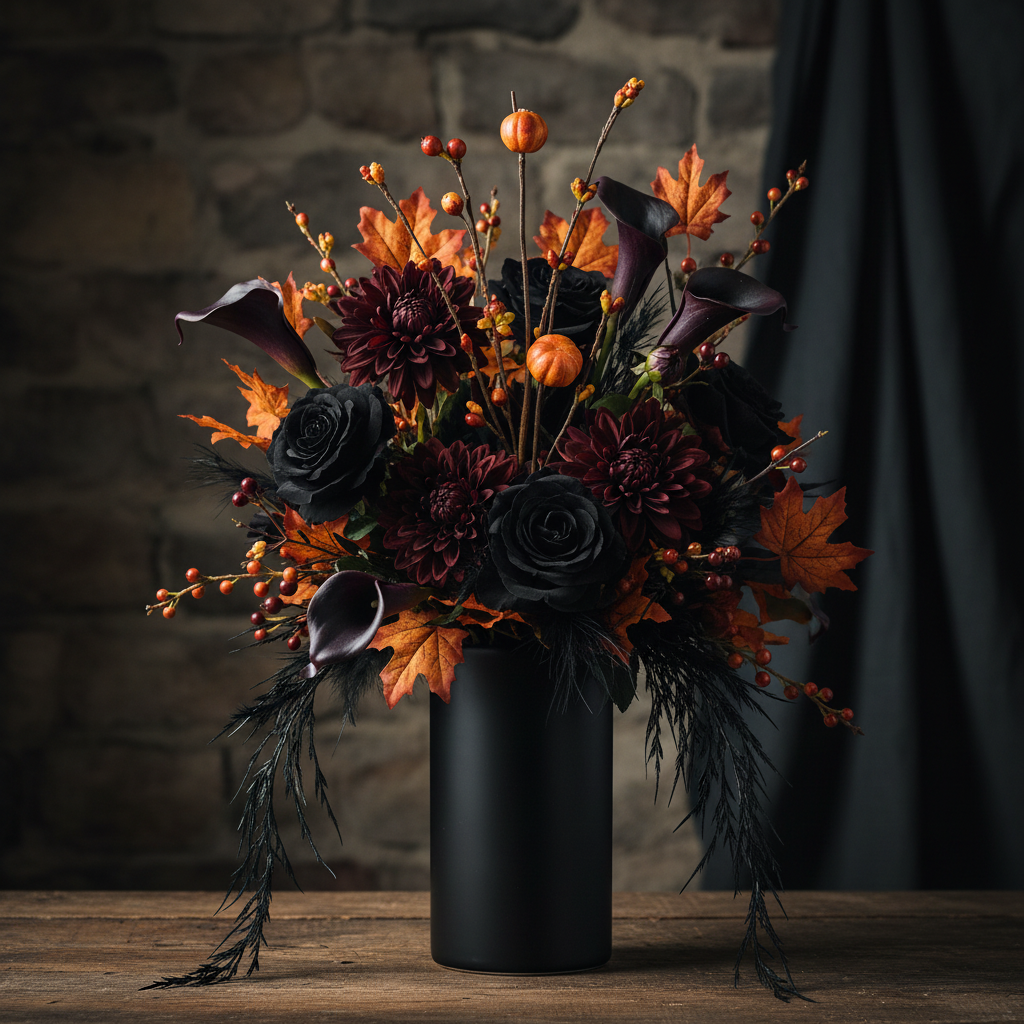 Faux fall pumpkin and berry stems nestled into a professional Halloween floral arrangement with black roses, dahlias, and dark foliage in black vase