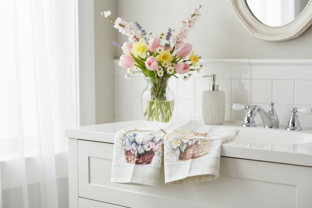 Pastel Easter hand towels displayed on white bathroom vanity counter with spring flowers, cottagecore style