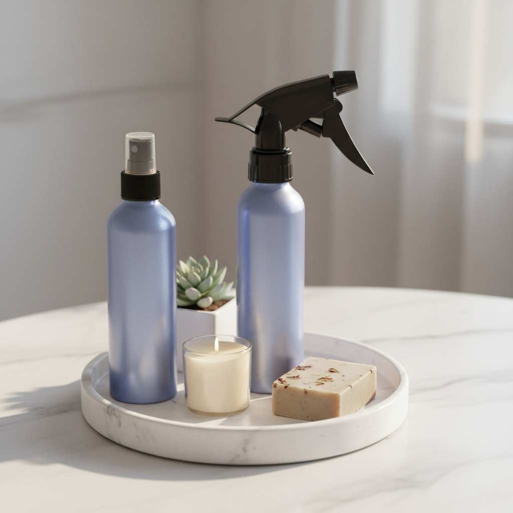 Both metallic blue aluminum bottles styled on white ceramic tray with candle succulent and artisan soap, Pinterest shelfie display