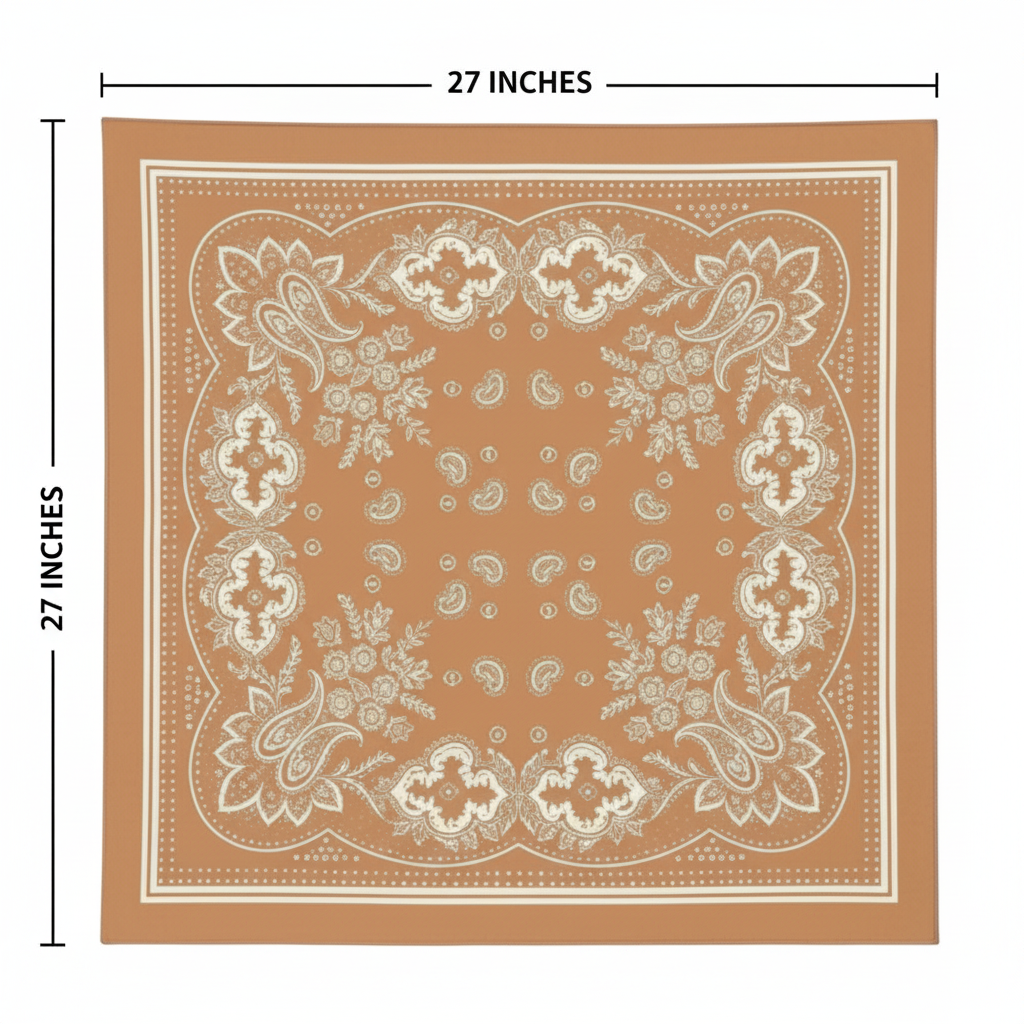 Wild rag scarf measurement diagram showing 27x27 inch square dimensions with black measurement lines on white background