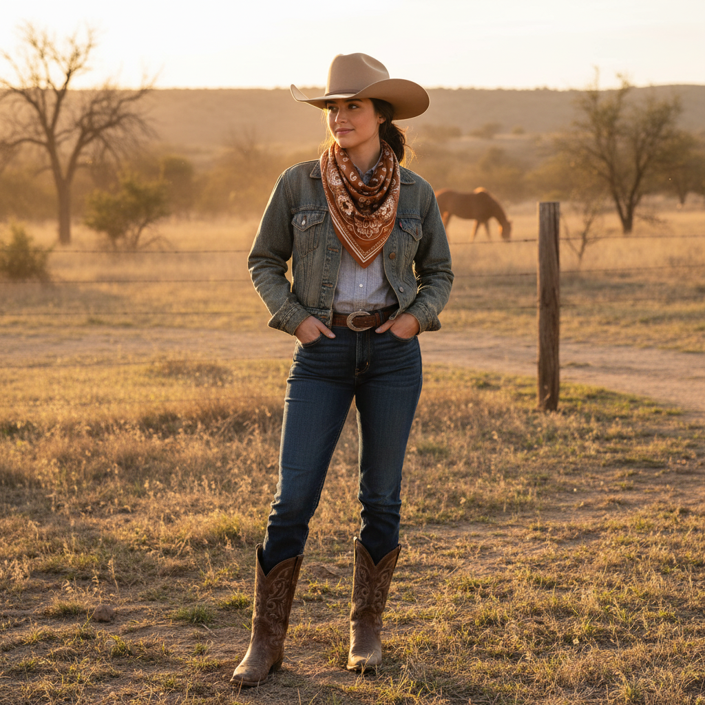 Woman wearing caramel brown paisley wild rag scarf tied around neck at ranch, western cowgirl style golden hour