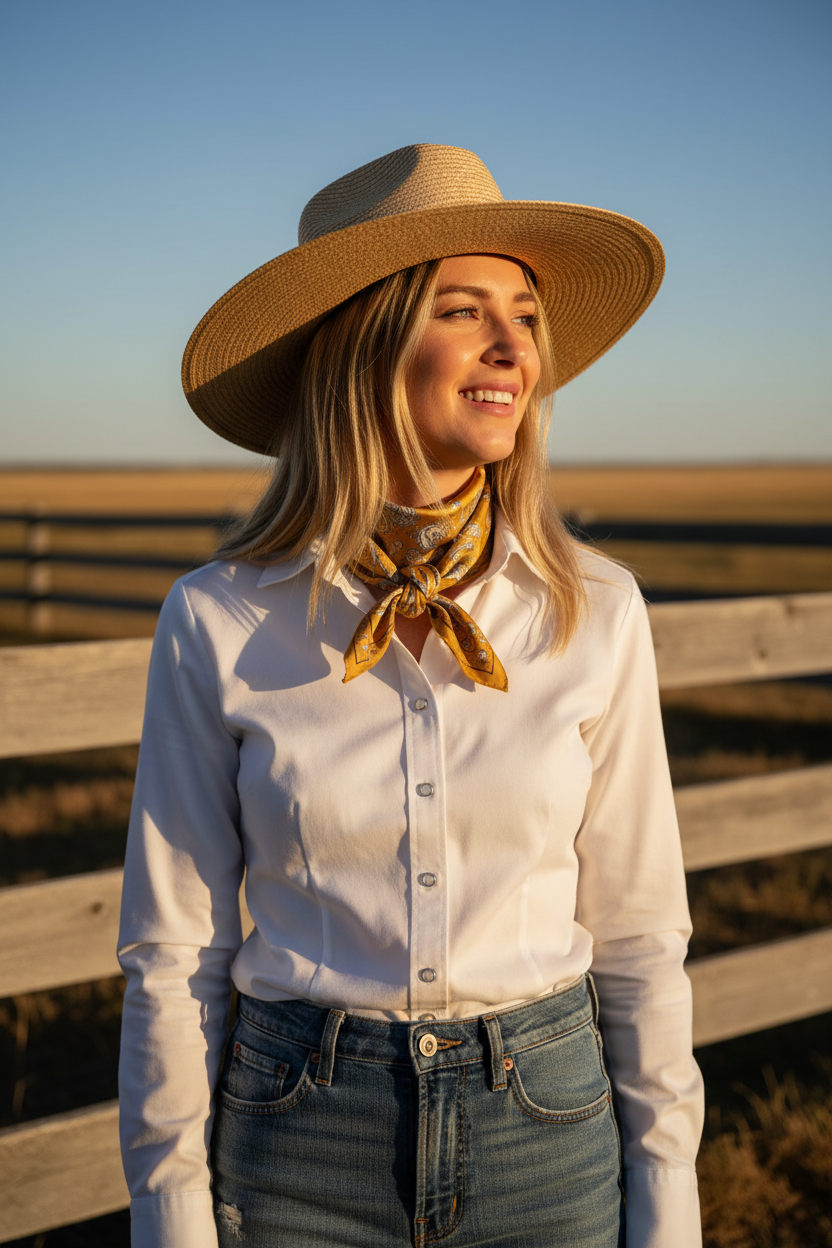 Woman with blonde hair in a candid natural pose wearing mustard gold satin paisley wild rag tied snugly at the throat in a white western shirt and straw hat at a golden hour ranch setting