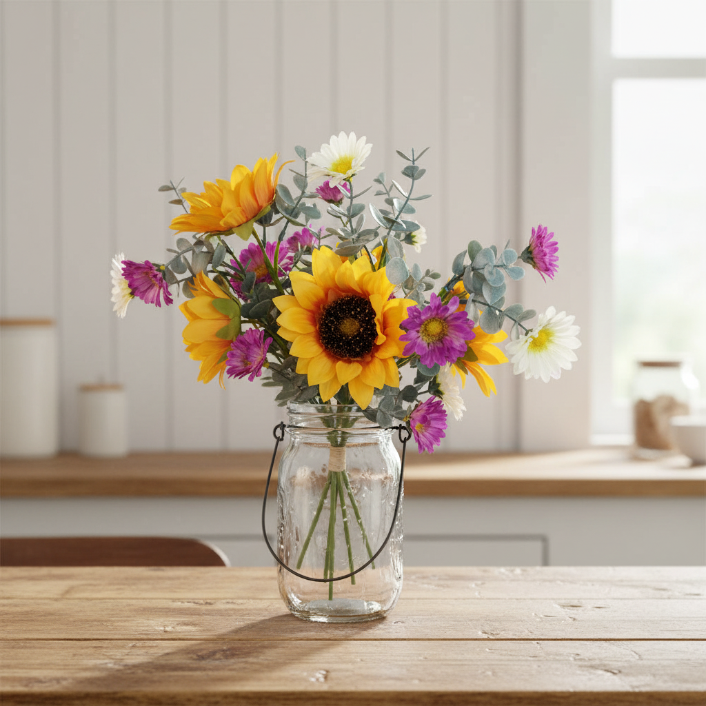Wildflower sunflower bouquet in rustic mason jar on farmhouse wooden table country kitchen decor natural light