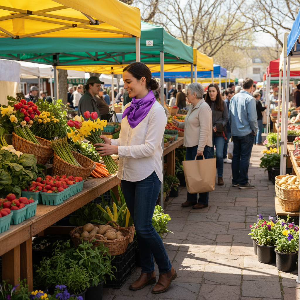 Spring farmers market scene with woman wearing purple wild rag scarf browsing fresh flowers