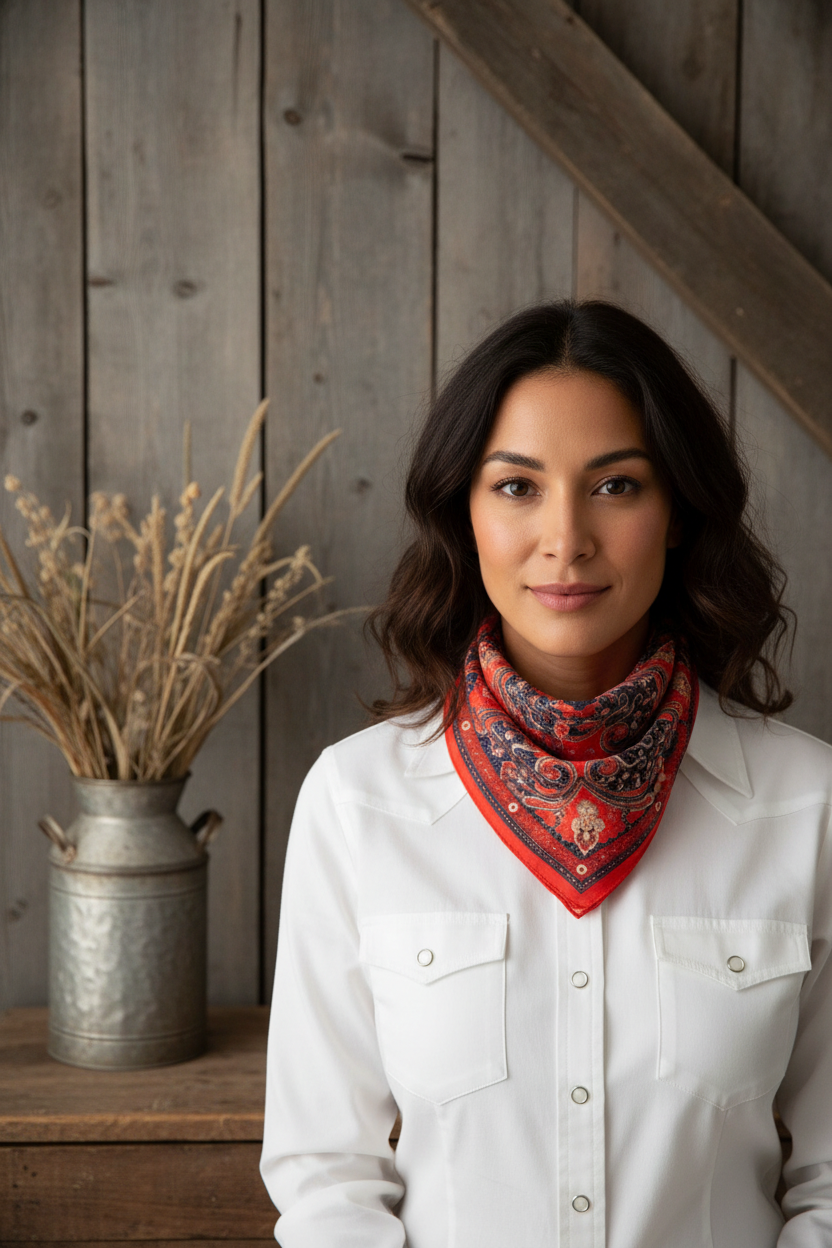 Orange red navy paisley square scarf tied as western neck scarf bandana on woman in barn wood setting