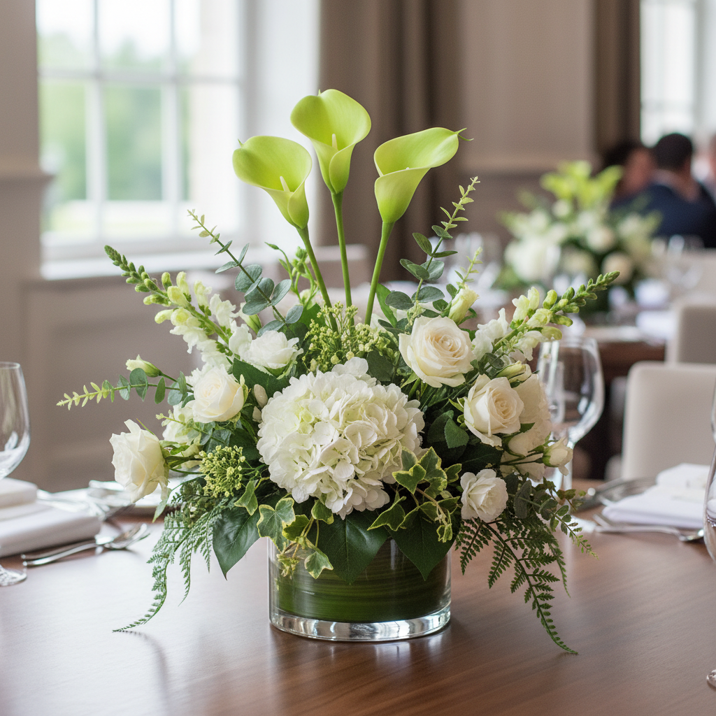 Artificial lime green calla lily stems in elegant modern wedding table centerpiece with white flowers and greenery