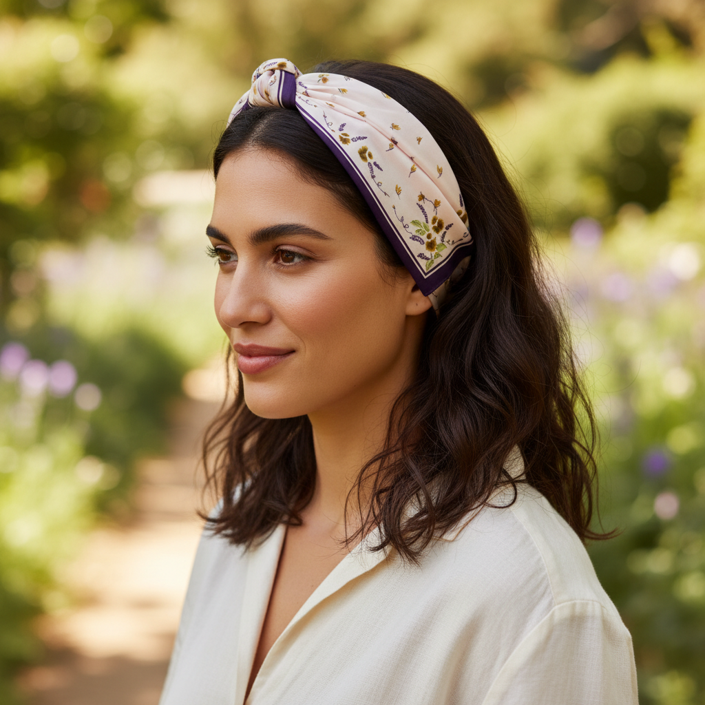 Blush pink and purple floral satin scarf styled as headband accessory
