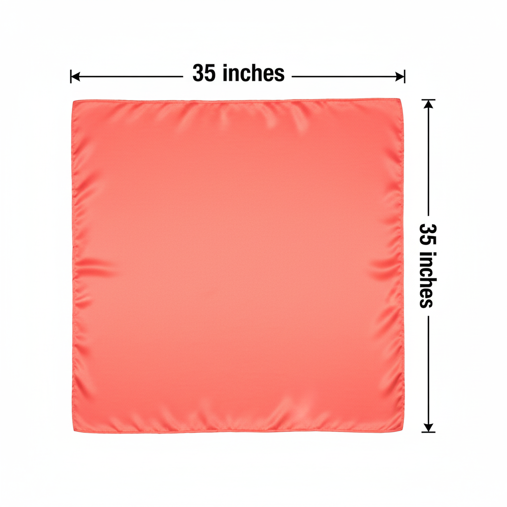 Coral wild rag scarf measurement diagram showing 35 inches by 35 inches dimensions
