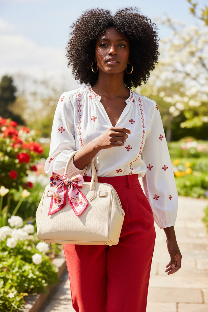 Woman with deep skin tone and black hair with a cream red pink floral butterfly satin scarf tied as a small accent bow on a cream leather handbag in a chic spring outdoor setting