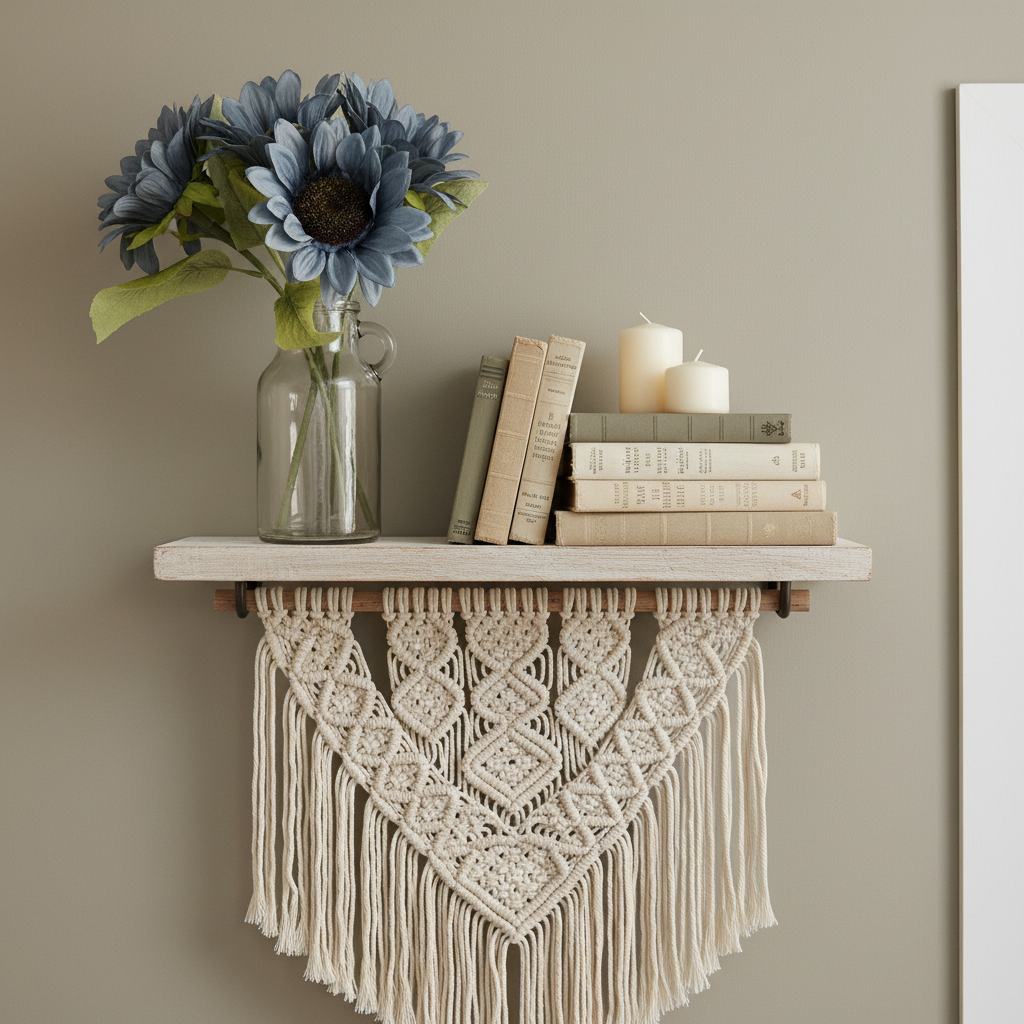 Dusty blue sunflower stems displayed on floating shelf with boho décor, macrame wall hanging, vintage books and candles, modern farmhouse interior styling