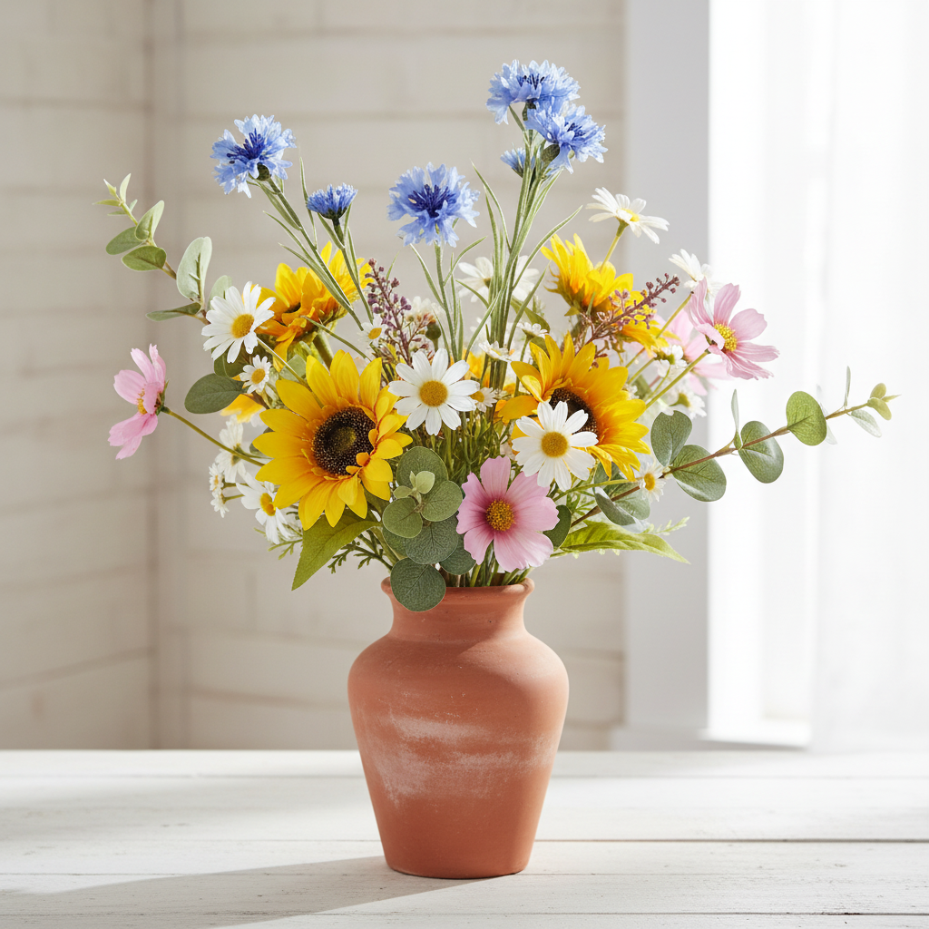 Artificial periwinkle blue cornflower stems in mixed wildflower arrangement with yellow sunflowers, white daisies, pink cosmos and eucalyptus in rustic terracotta vase