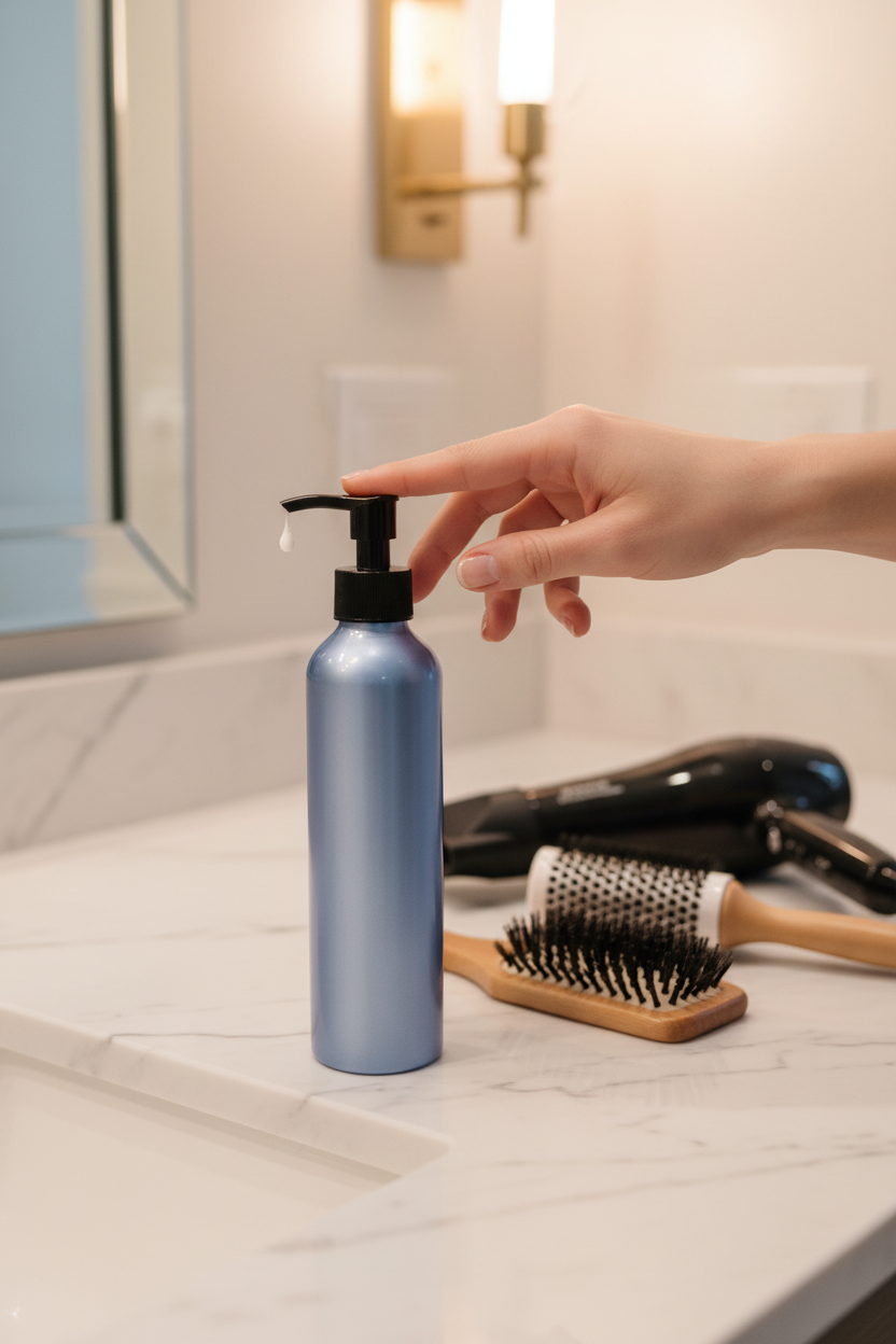 Metallic blue aluminum pump bottle on bathroom vanity hair care station, hand pressing pump with brushes and styling tools nearby
