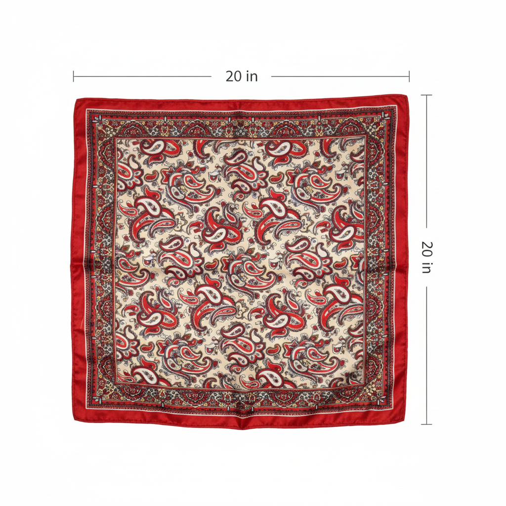 Red paisley satin square scarf size measurement diagram 20 inches width 20 inches height two clean arrow lines white background 20x20