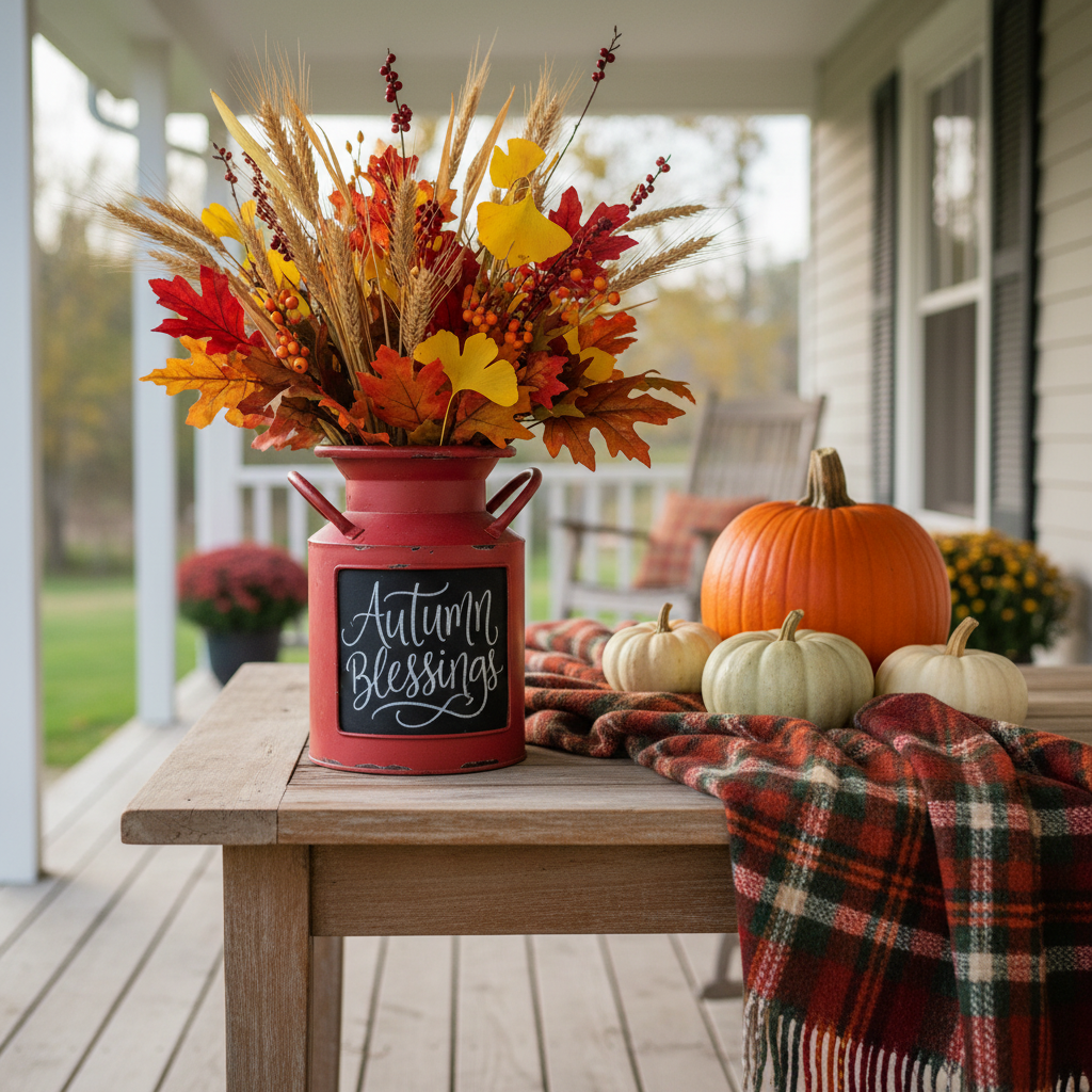 Red metal milk jug planter with dried wheat and fall foliage on covered porch table, autumn farmhouse decor with plaid blanket and pumpkins