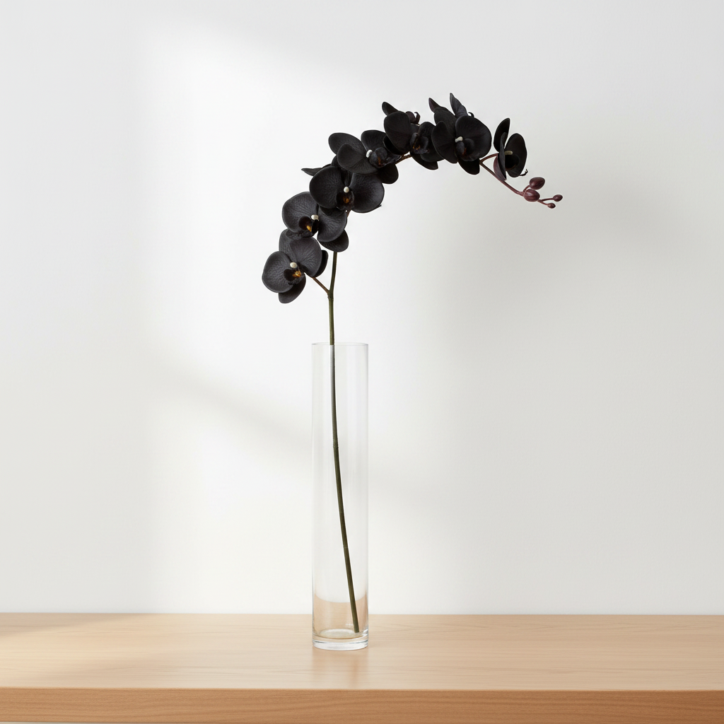 Black orchid stem in tall clear glass vase on natural wood surface with bright airy white background
